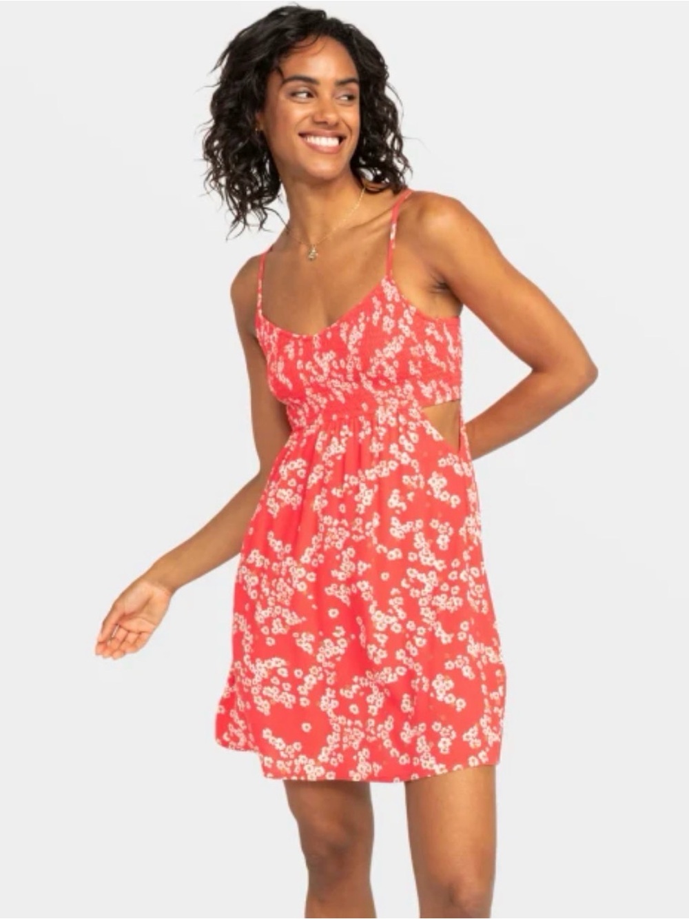 Roxy Hot Tropics Coral-Red Floral Cutout Spaghetti-Strap Mini Dress